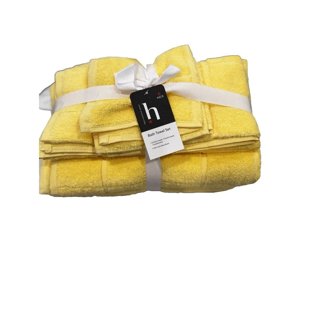 Home Expressions 6 Piece Bath Towel Set 100% Cotton Island Yellow NEW